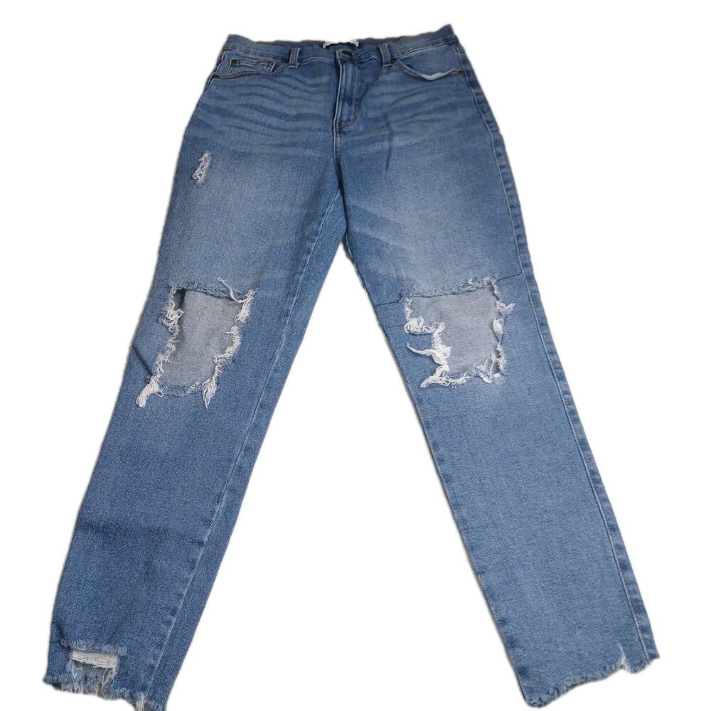 CELEBRITY PINK WOMANS HOLEY LIGHT BLUE HIGH RISE JEANS SZ 11/30 TAPERED LEG